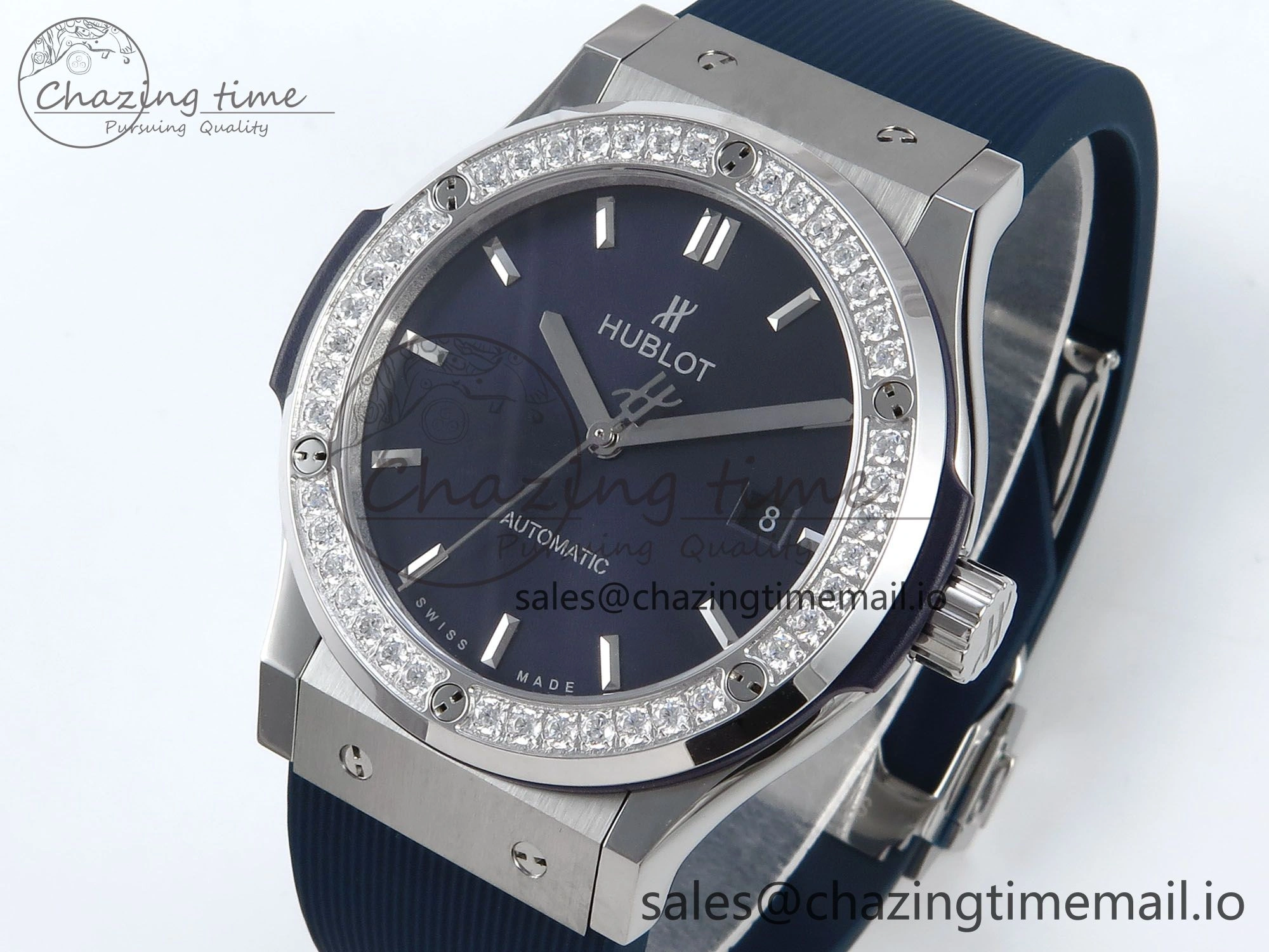 Contemporary Fusion Bang 42mm HBF 1:1 Best Edition Blue Dial Diamonds Bezel on Blue Rubber Strap A 6686