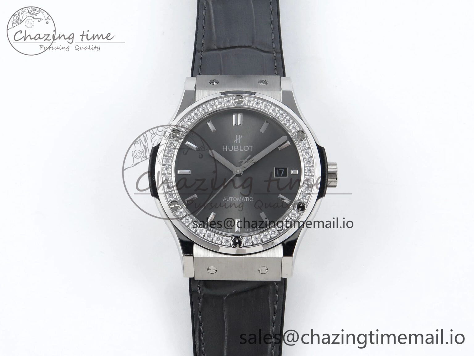 Fusion Bang 42mm HBF 1:1 Best Edition Gray Dial Diamonds Bezel on Gray Leather Strap A Unique 6677