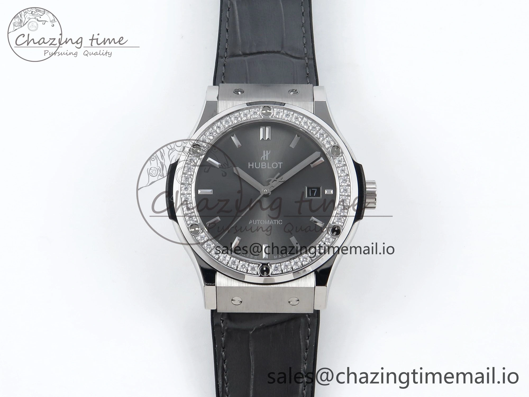 Fusion Bang 42mm HBF 1:1 Best Edition Gray Dial Diamonds Bezel on Gray Leather Strap A Unique 6677