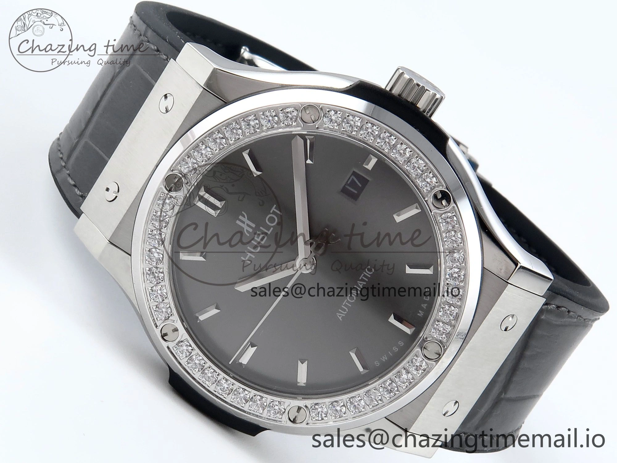 Fusion Bang 42mm HBF 1:1 Best Edition Gray Dial Diamonds Bezel on Gray Leather Strap A Unique 6677