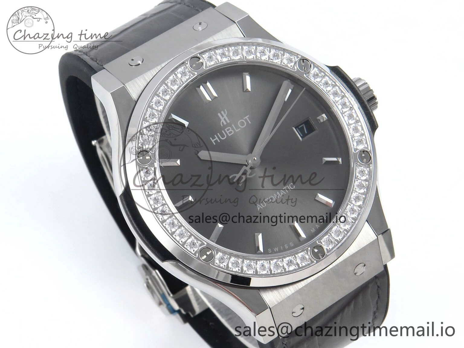 Fusion Bang 42mm HBF 1:1 Best Edition Gray Dial Diamonds Bezel on Gray Leather Strap A Unique 6677