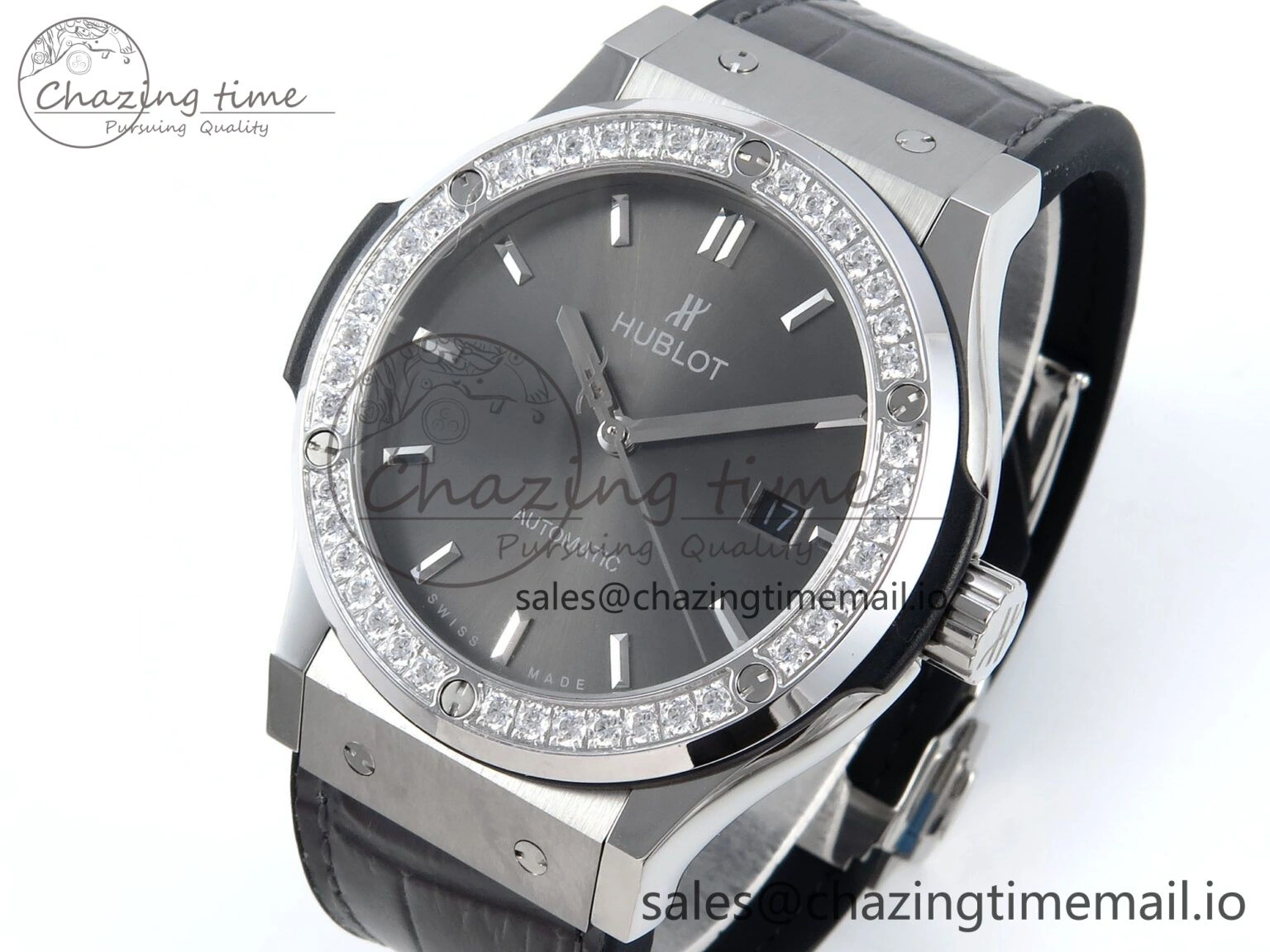 Fusion Bang 42mm HBF 1:1 Best Edition Gray Dial Diamonds Bezel on Gray Leather Strap A Unique 6677