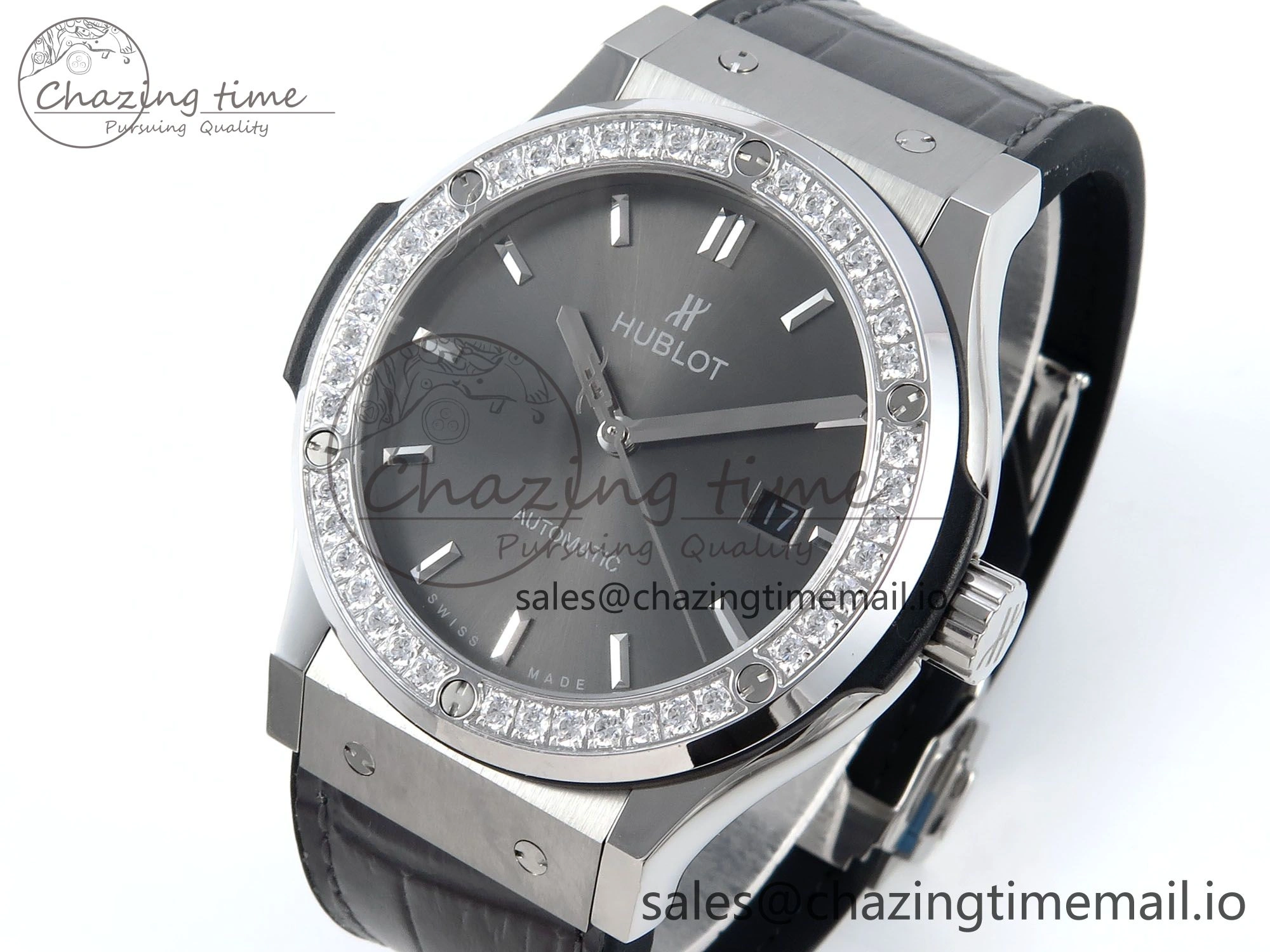 Fusion Bang 42mm HBF 1:1 Best Edition Gray Dial Diamonds Bezel on Gray Leather Strap A Unique 6677
