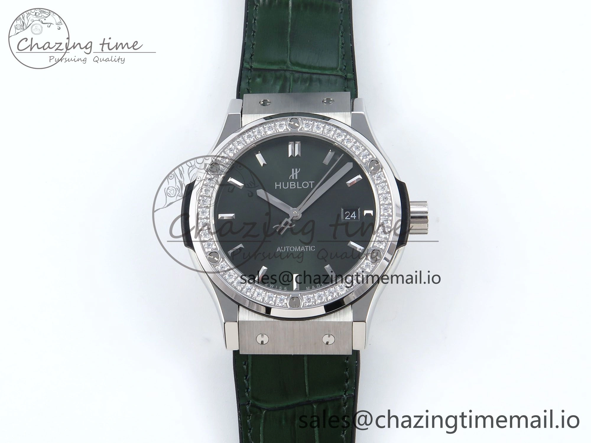 Fusion Bang 42mm HBF 1:1 Best Edition Green Dial Diamonds Bezel on Green Leather Strap A Breathable 6676