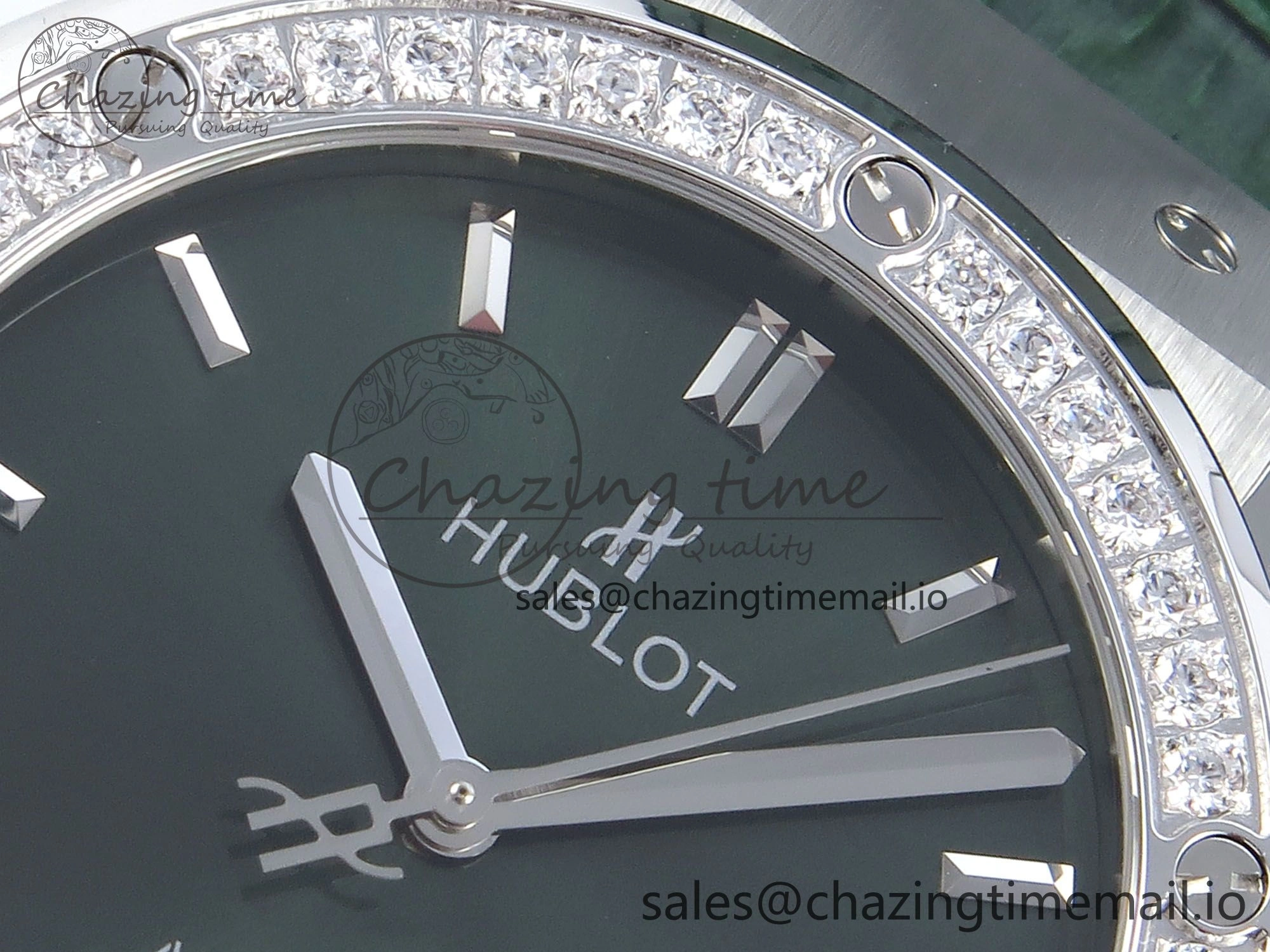 Fusion Bang 42mm HBF 1:1 Best Edition Green Dial Diamonds Bezel on Green Leather Strap A Breathable 6676