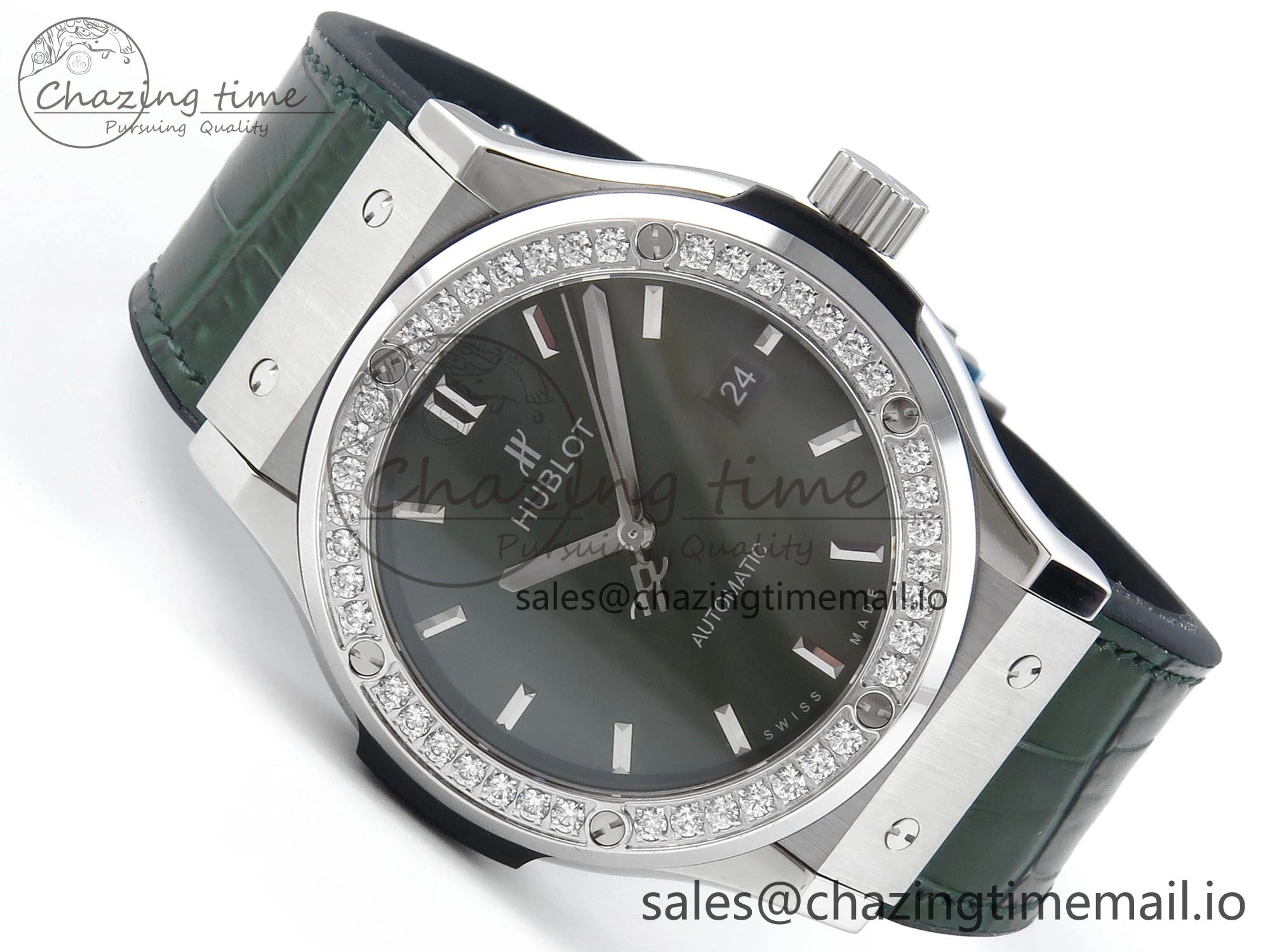 Fusion Bang 42mm HBF 1:1 Best Edition Green Dial Diamonds Bezel on Green Leather Strap A Breathable 6676