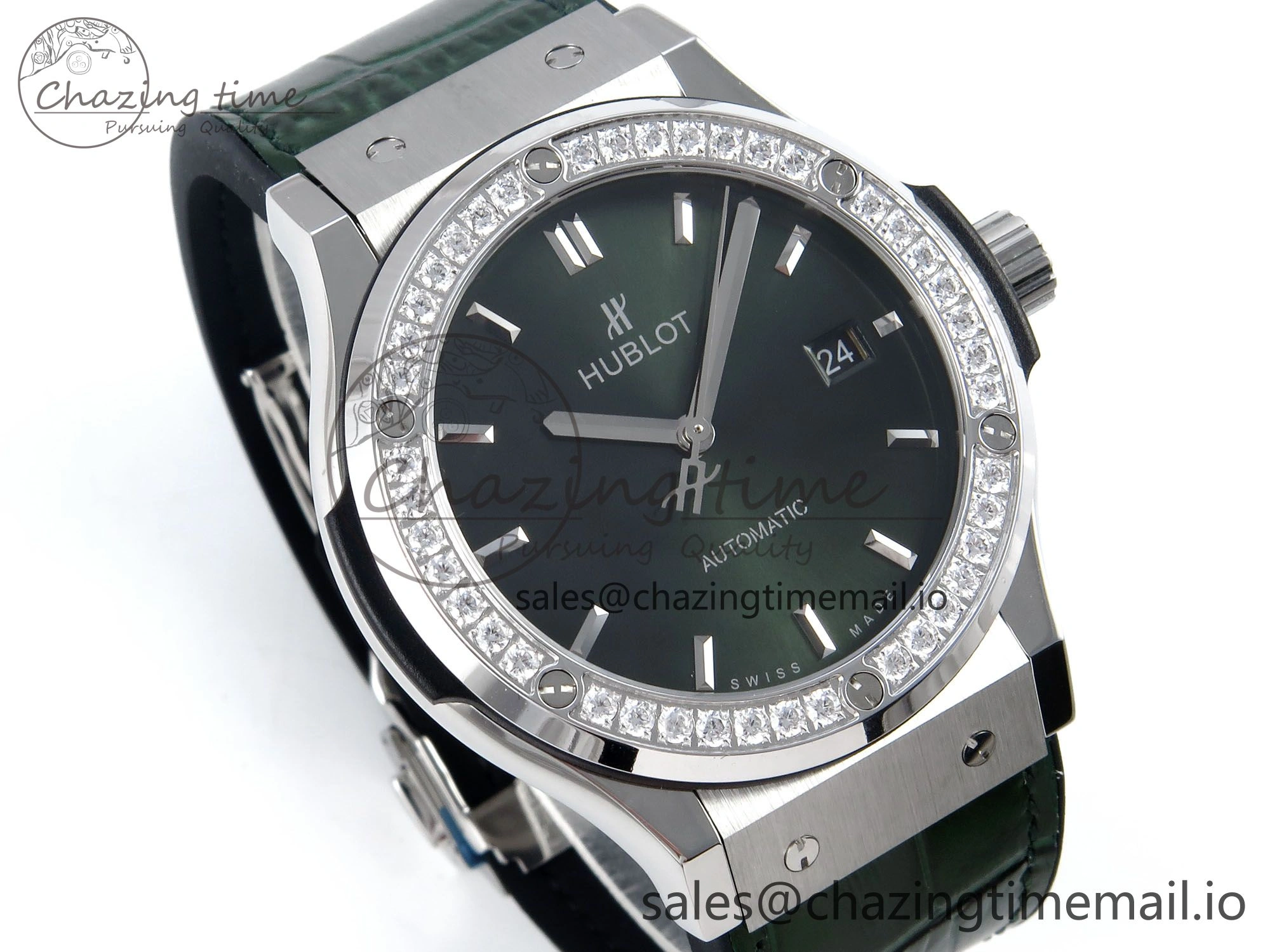 Fusion Bang 42mm HBF 1:1 Best Edition Green Dial Diamonds Bezel on Green Leather Strap A Breathable 6676