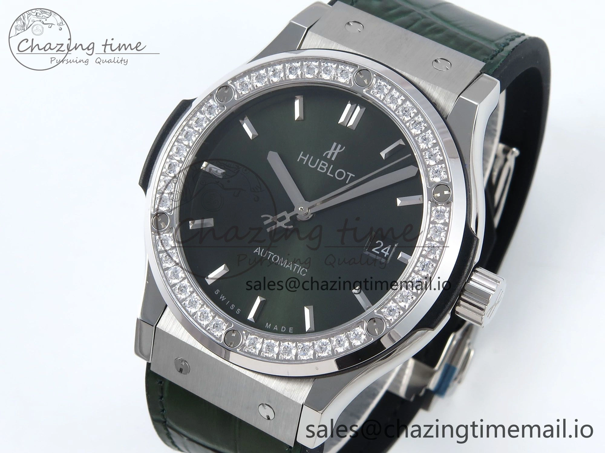 Fusion Bang 42mm HBF 1:1 Best Edition Green Dial Diamonds Bezel on Green Leather Strap A Breathable 6676