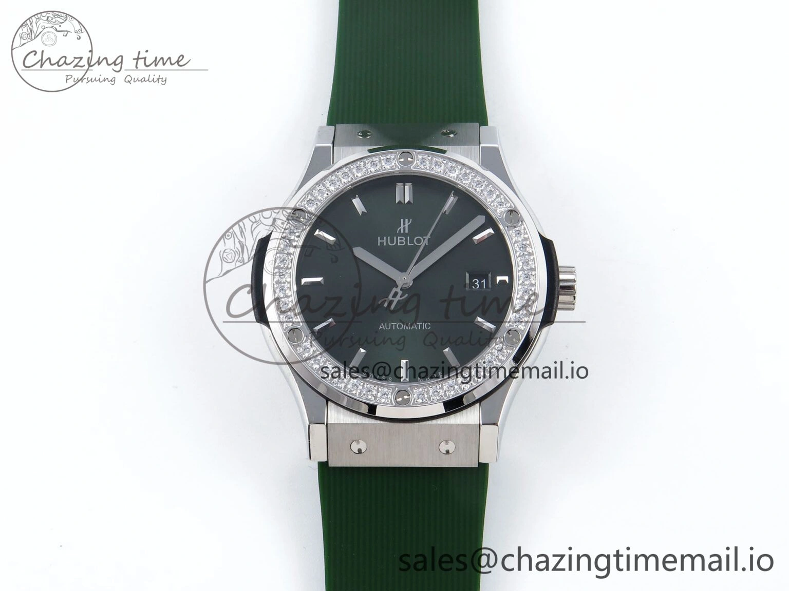 Fusion Bang 42mm HBF 1:1 Best Edition Green Dial Diamonds Bezel on Green Rubber Strap A Packable 6692