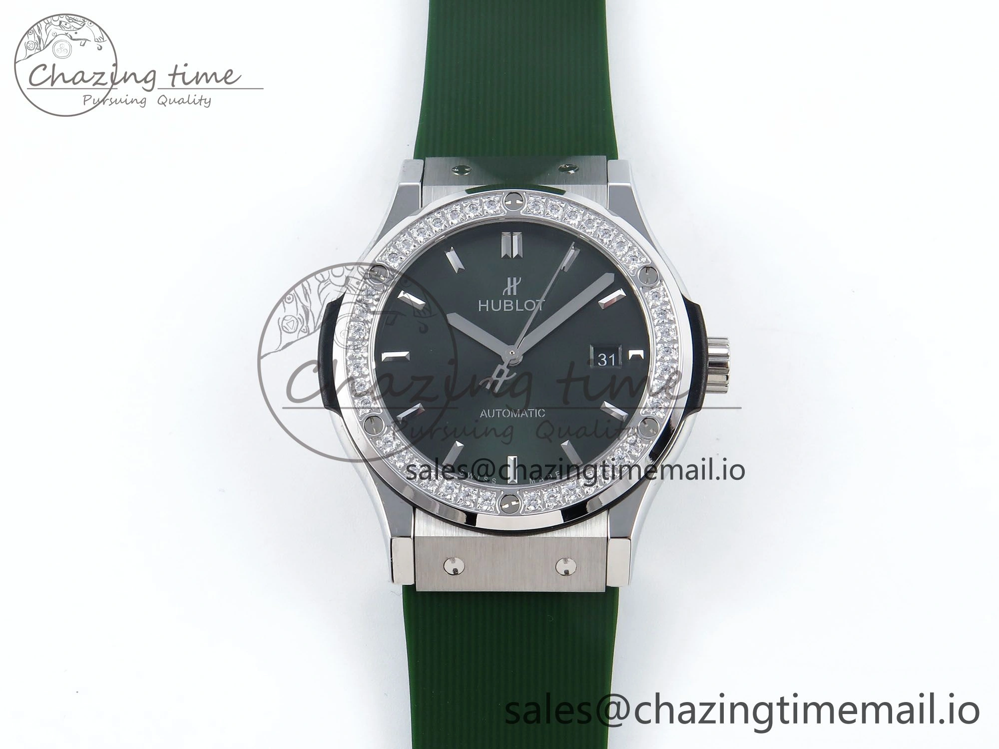 Fusion Bang 42mm HBF 1:1 Best Edition Green Dial Diamonds Bezel on Green Rubber Strap A Packable 6692