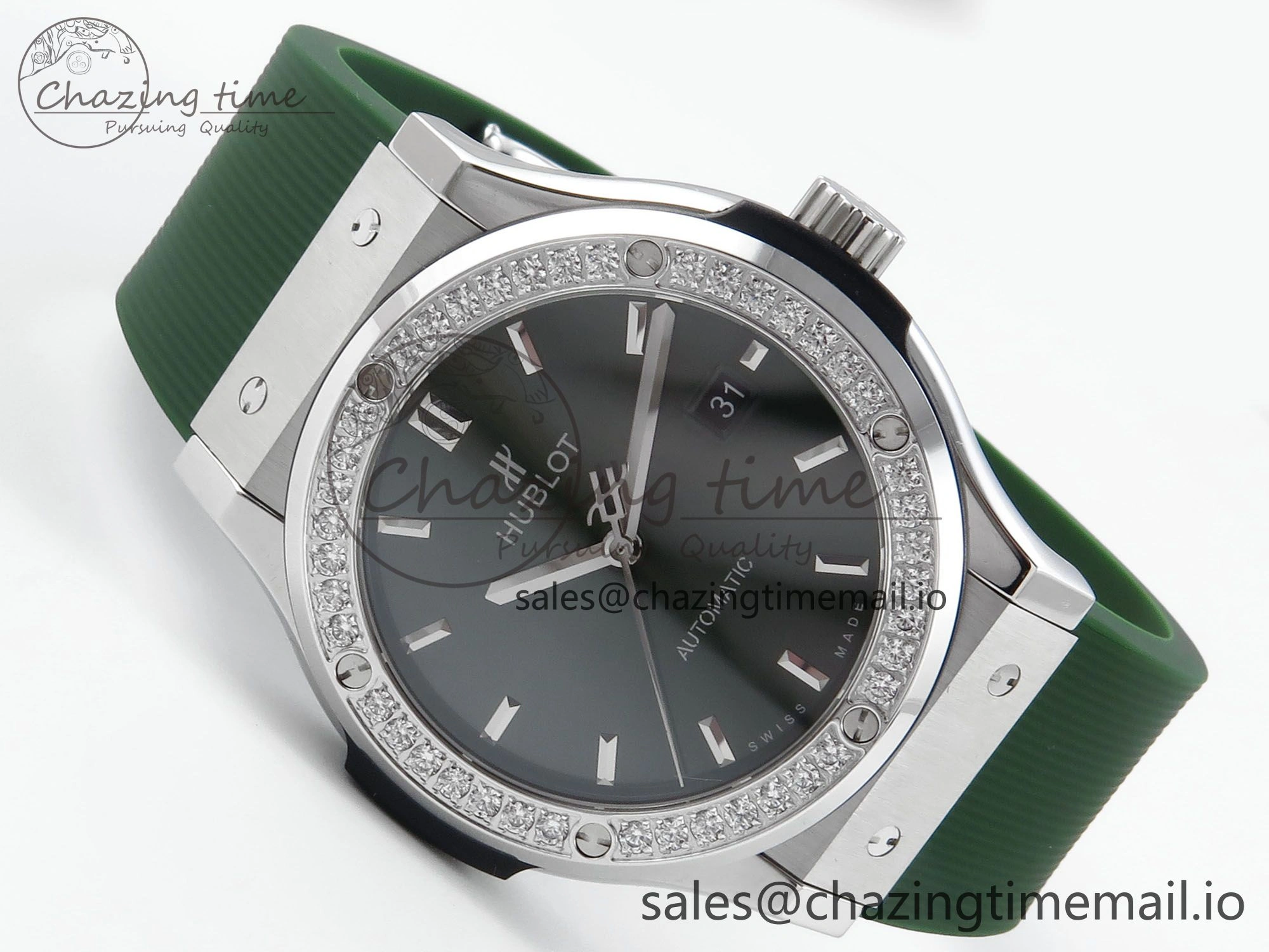 Fusion Bang 42mm HBF 1:1 Best Edition Green Dial Diamonds Bezel on Green Rubber Strap A Packable 6692