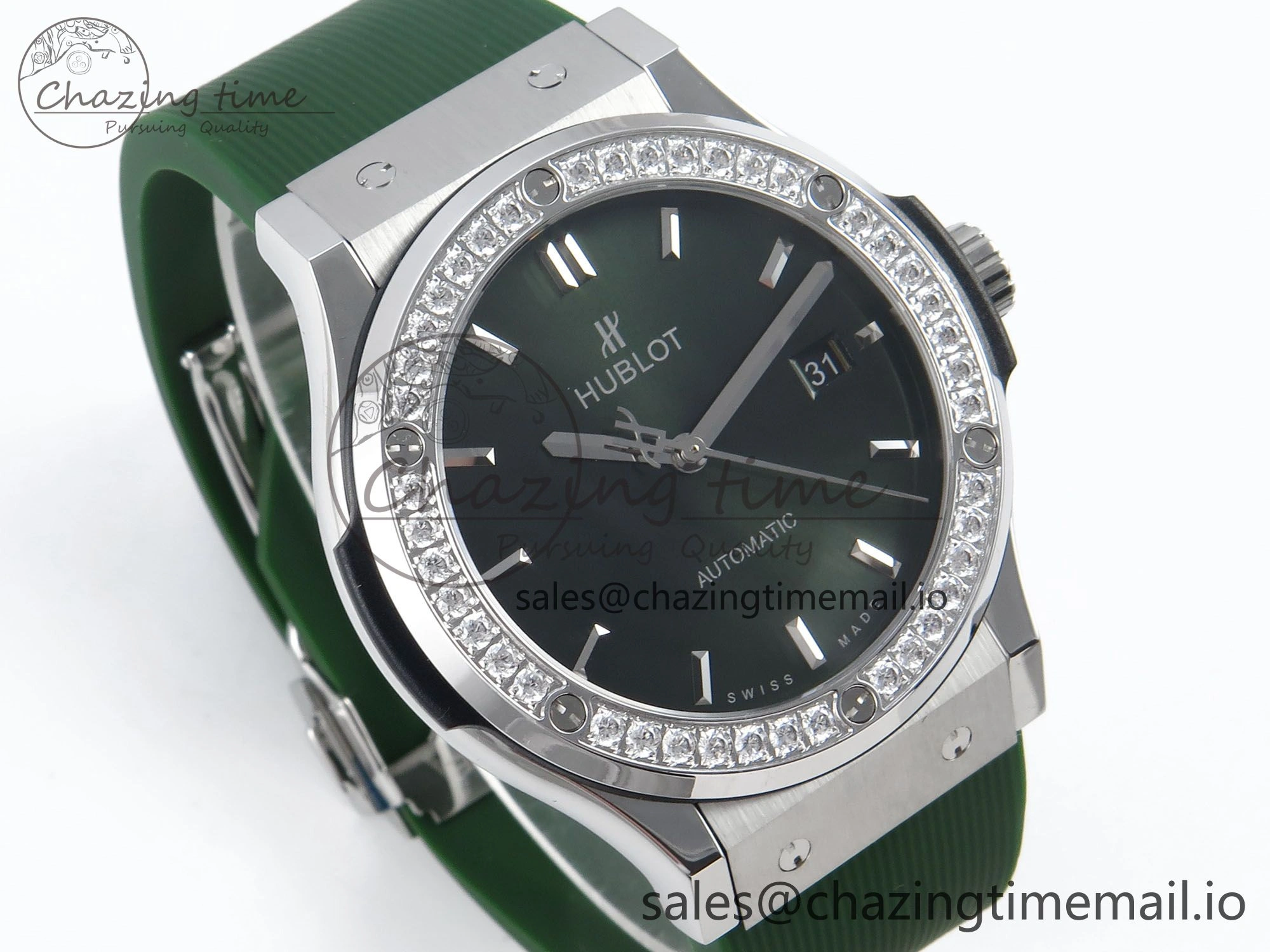 Fusion Bang 42mm HBF 1:1 Best Edition Green Dial Diamonds Bezel on Green Rubber Strap A Packable 6692