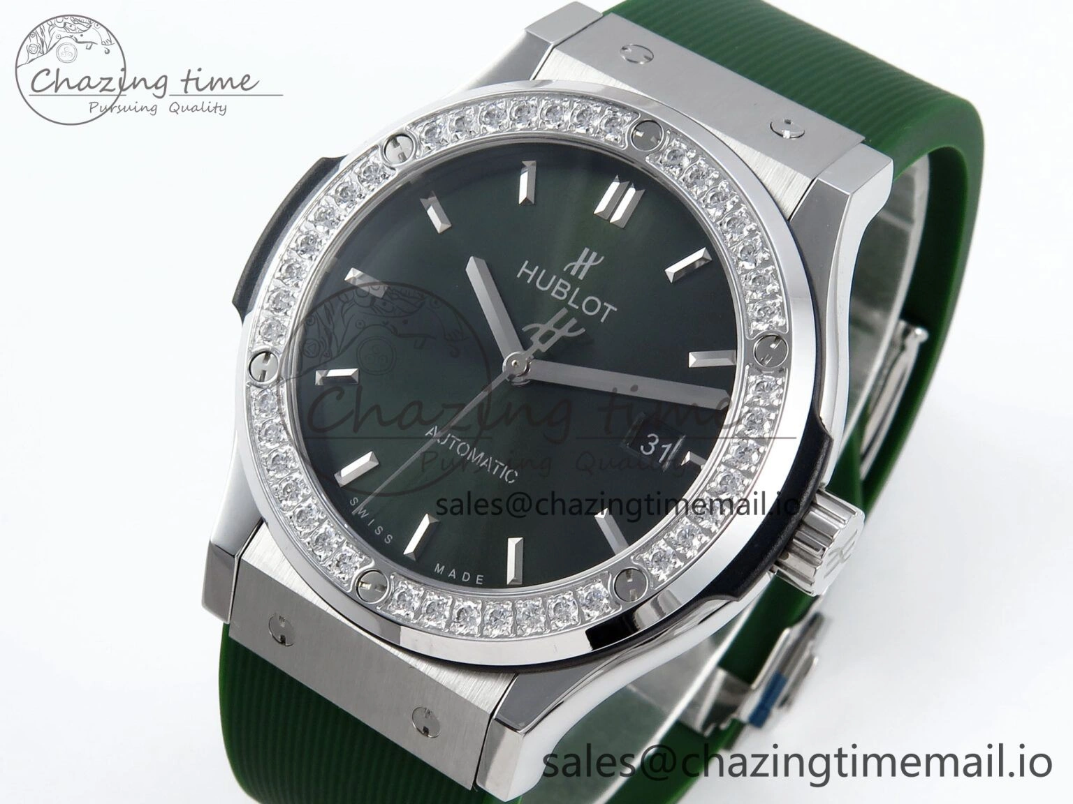 Fusion Bang 42mm HBF 1:1 Best Edition Green Dial Diamonds Bezel on Green Rubber Strap A Packable 6692