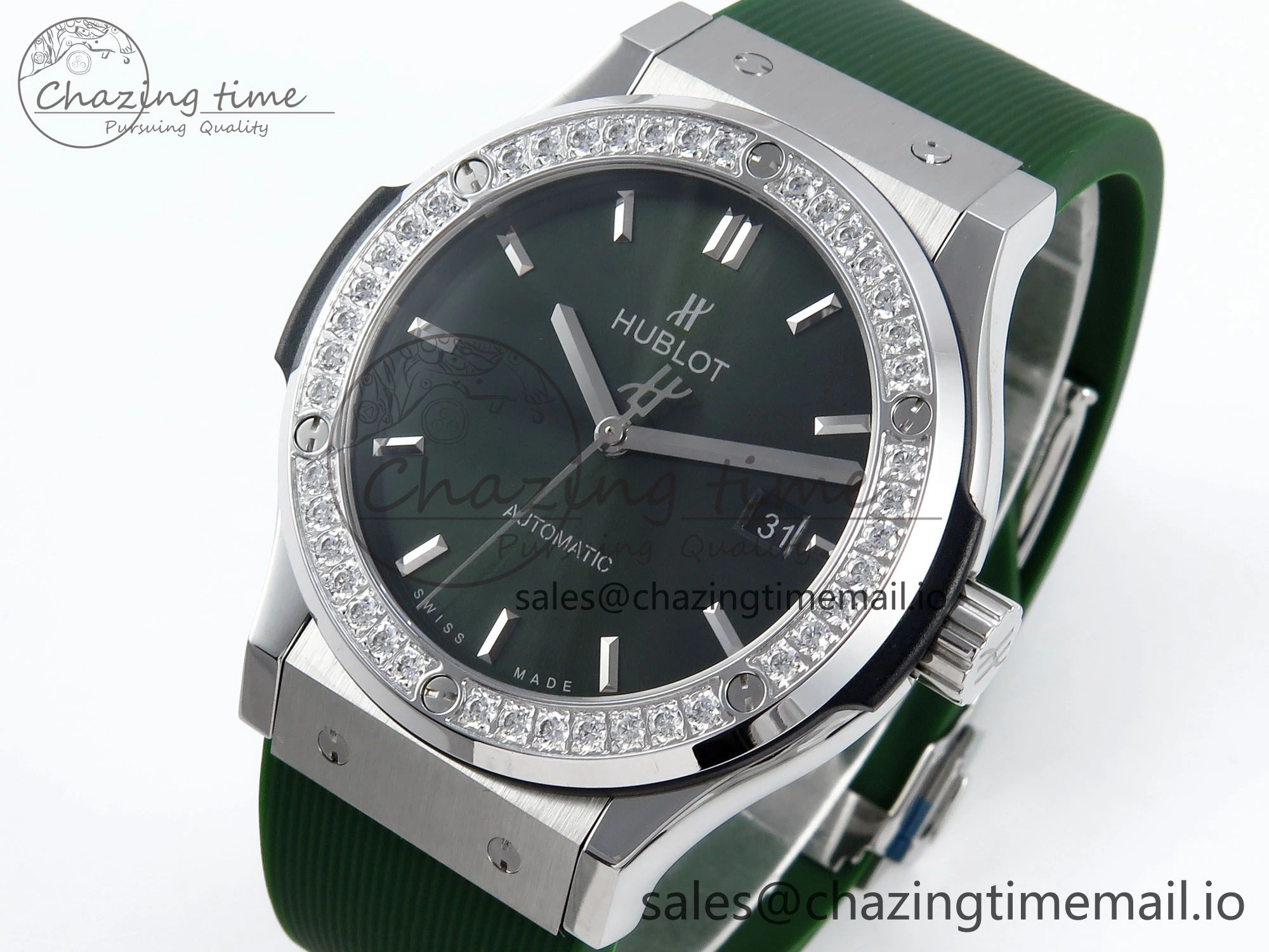 Fusion Bang 42mm HBF 1:1 Best Edition Green Dial Diamonds Bezel on Green Rubber Strap A Packable 6692