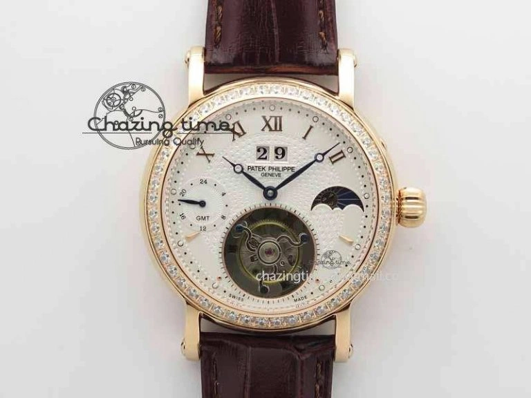 Chic Tourbillon Big Date RG White Textured Dial Diam Bezel On Brown Leather Strap 9051