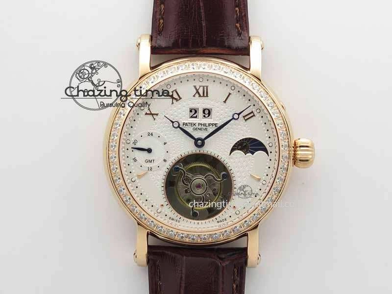 Chic Tourbillon Big Date RG White Textured Dial Diam Bezel On Brown Leather Strap 9051