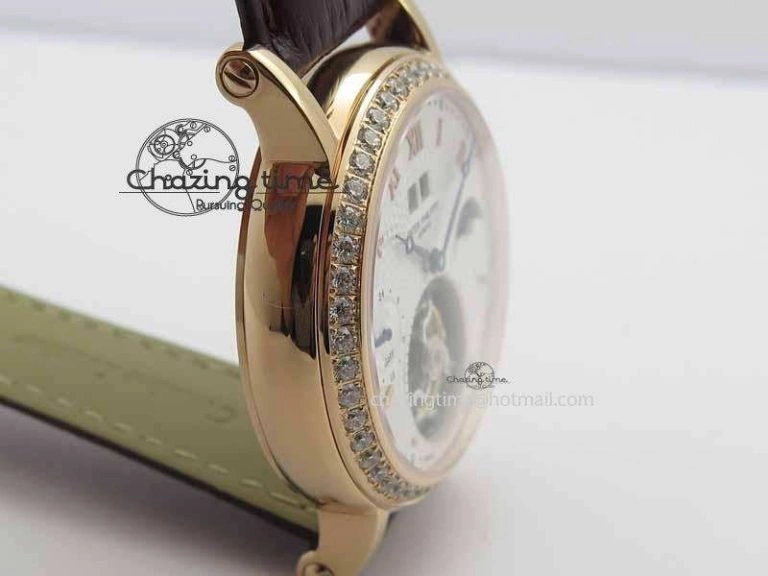 Chic Tourbillon Big Date RG White Textured Dial Diam Bezel On Brown Leather Strap 9051