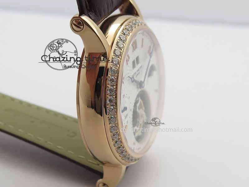 Chic Tourbillon Big Date RG White Textured Dial Diam Bezel On Brown Leather Strap 9051