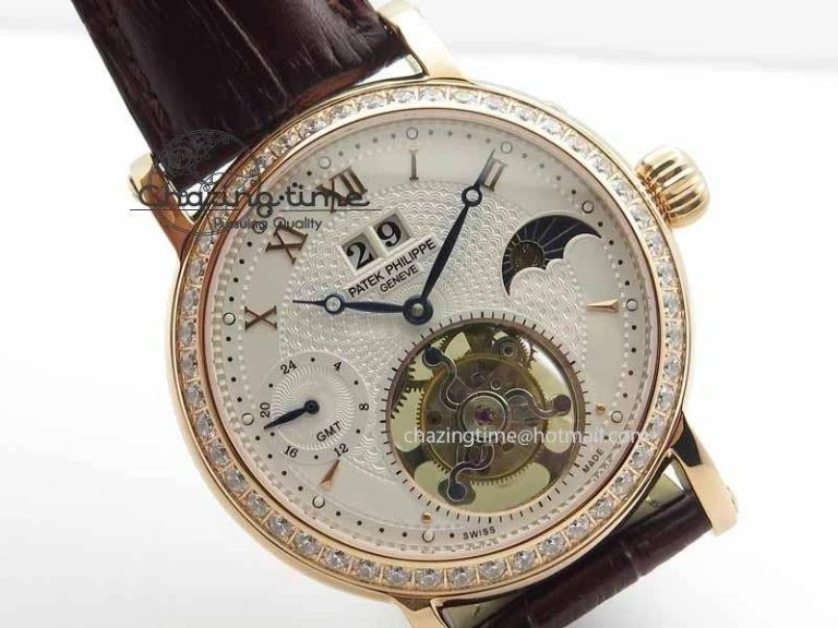 Chic Tourbillon Big Date RG White Textured Dial Diam Bezel On Brown Leather Strap 9051