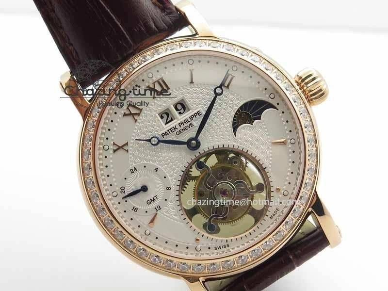 Chic Tourbillon Big Date RG White Textured Dial Diam Bezel On Brown Leather Strap 9051