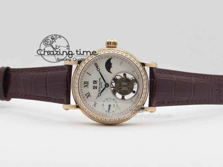 Chic Tourbillon Big Date RG White Textured Dial Diam Bezel On Brown Leather Strap 9051