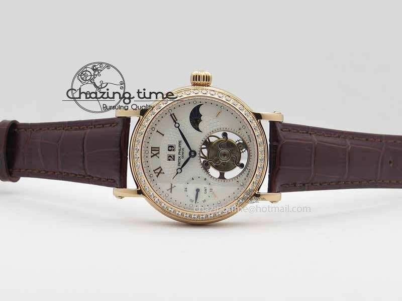 Chic Tourbillon Big Date RG White Textured Dial Diam Bezel On Brown Leather Strap 9051