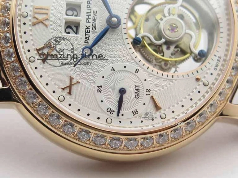 Chic Tourbillon Big Date RG White Textured Dial Diam Bezel On Brown Leather Strap 9051