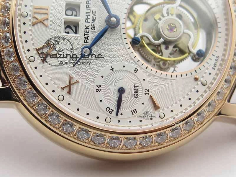 Chic Tourbillon Big Date RG White Textured Dial Diam Bezel On Brown Leather Strap 9051