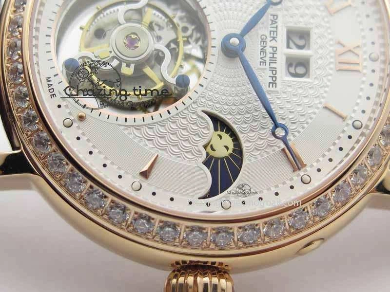 Chic Tourbillon Big Date RG White Textured Dial Diam Bezel On Brown Leather Strap 9051