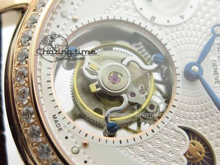 Chic Tourbillon Big Date RG White Textured Dial Diam Bezel On Brown Leather Strap 9051