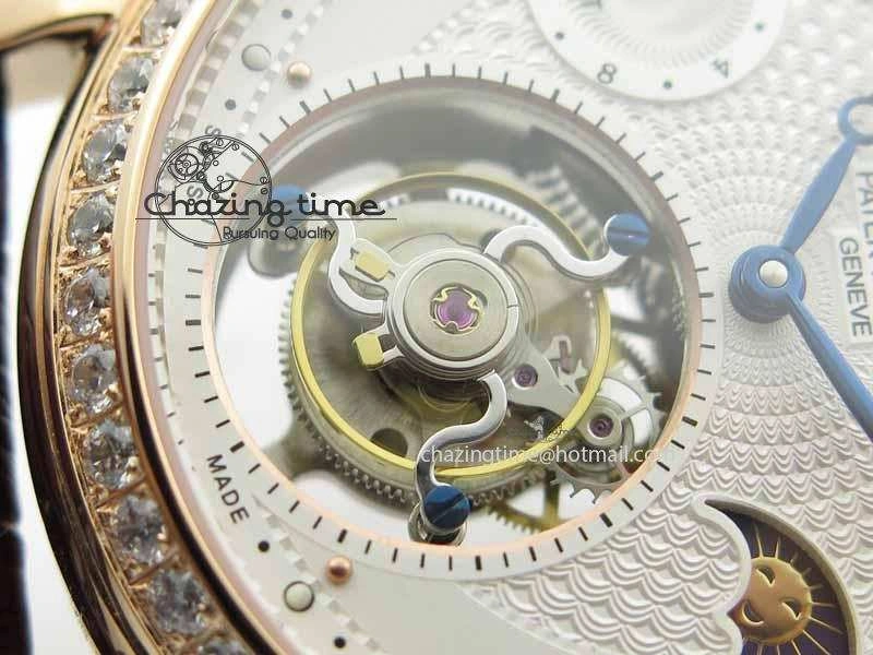Chic Tourbillon Big Date RG White Textured Dial Diam Bezel On Brown Leather Strap 9051