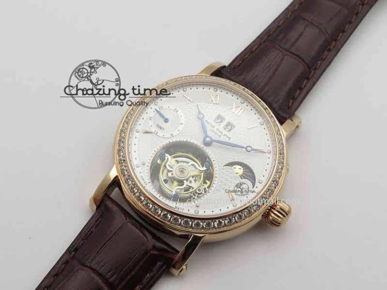Chic Tourbillon Big Date RG White Textured Dial Diam Bezel On Brown Leather Strap 9051