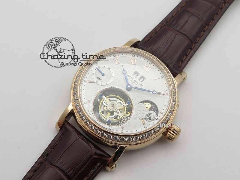 Chic Tourbillon Big Date RG White Textured Dial Diam Bezel On Brown Leather Strap 9051