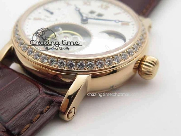 Chic Tourbillon Big Date RG White Textured Dial Diam Bezel On Brown Leather Strap 9051