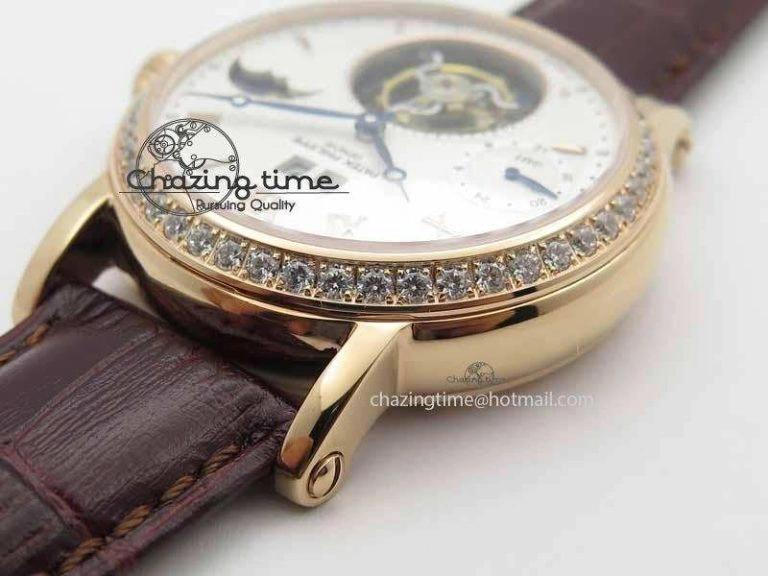 Chic Tourbillon Big Date RG White Textured Dial Diam Bezel On Brown Leather Strap 9051