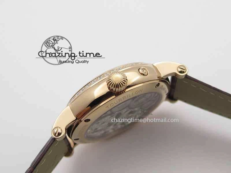 Chic Tourbillon Big Date RG White Textured Dial Diam Bezel On Brown Leather Strap 9051
