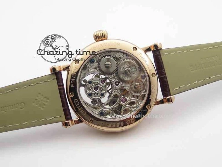Chic Tourbillon Big Date RG White Textured Dial Diam Bezel On Brown Leather Strap 9051