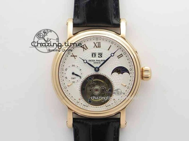 Tourbillon Big Date RG White Textured Dial On Black Leather Strap Comfortable 9052