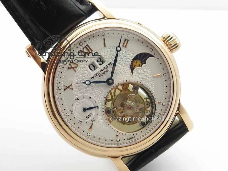 Tourbillon Big Date RG White Textured Dial On Black Leather Strap Comfortable 9052