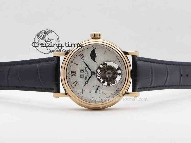 Tourbillon Big Date RG White Textured Dial On Black Leather Strap Comfortable 9052