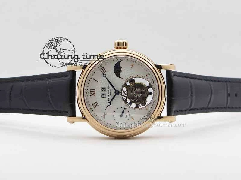 Tourbillon Big Date RG White Textured Dial On Black Leather Strap Comfortable 9052