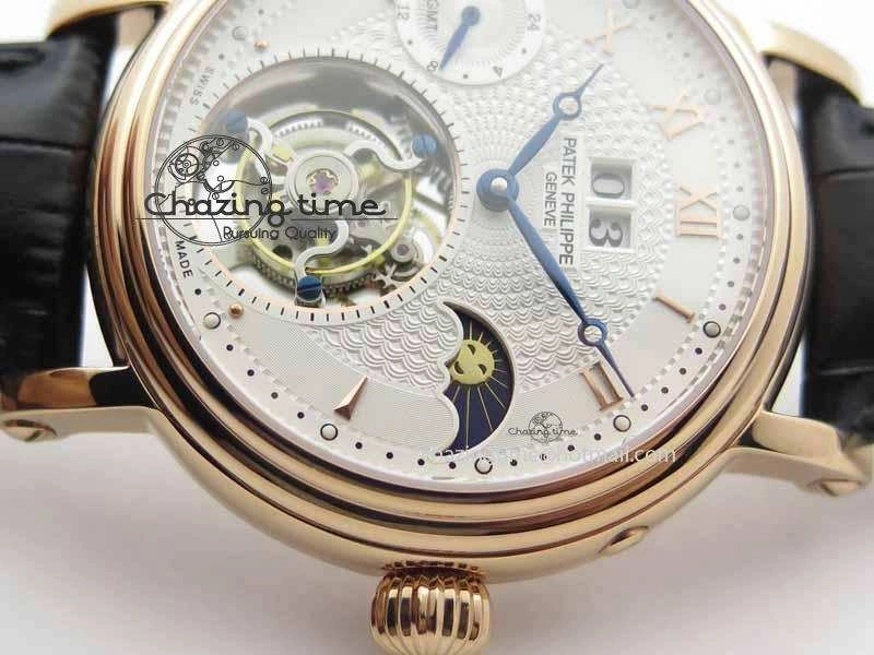 Tourbillon Big Date RG White Textured Dial On Black Leather Strap Comfortable 9052