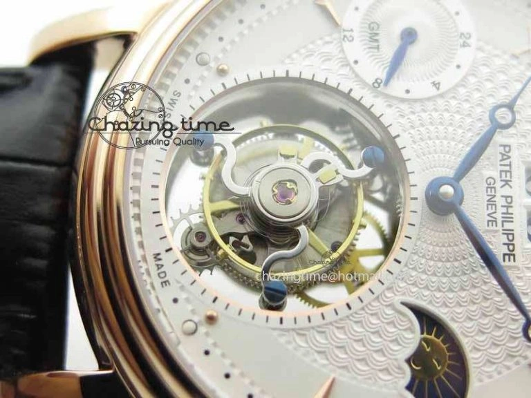 Tourbillon Big Date RG White Textured Dial On Black Leather Strap Comfortable 9052