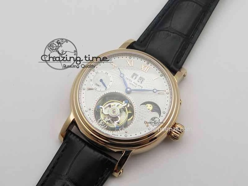 Tourbillon Big Date RG White Textured Dial On Black Leather Strap Comfortable 9052