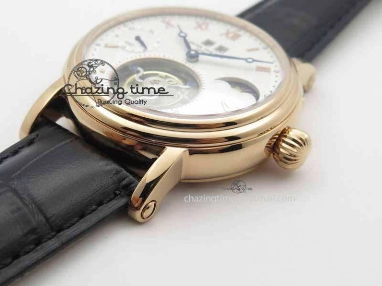 Tourbillon Big Date RG White Textured Dial On Black Leather Strap Comfortable 9052