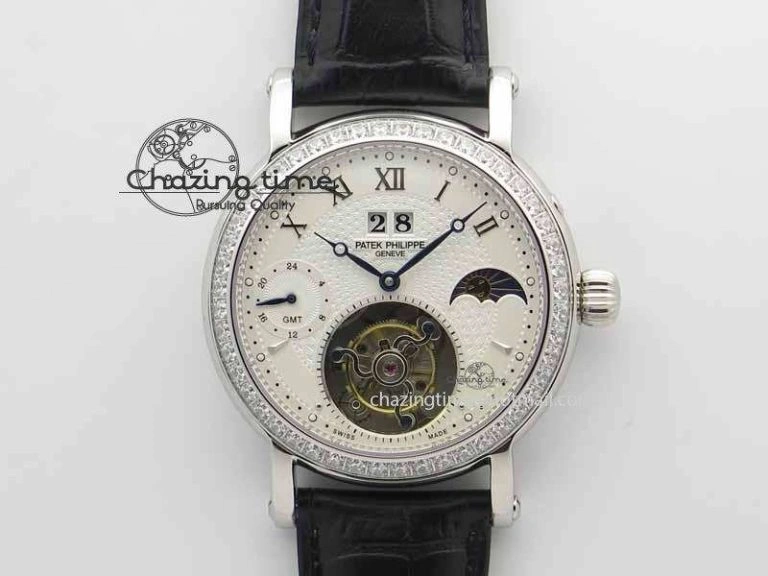 Chic Tourbillon Big Date SS White Textured Dial Diam Bezel On Black Leather Strap 9054