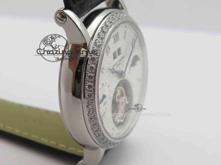 Chic Tourbillon Big Date SS White Textured Dial Diam Bezel On Black Leather Strap 9054