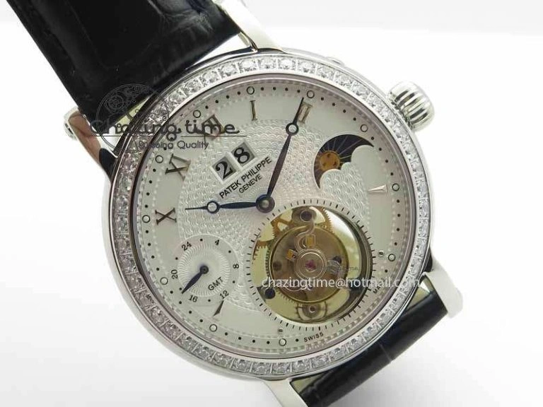 Chic Tourbillon Big Date SS White Textured Dial Diam Bezel On Black Leather Strap 9054