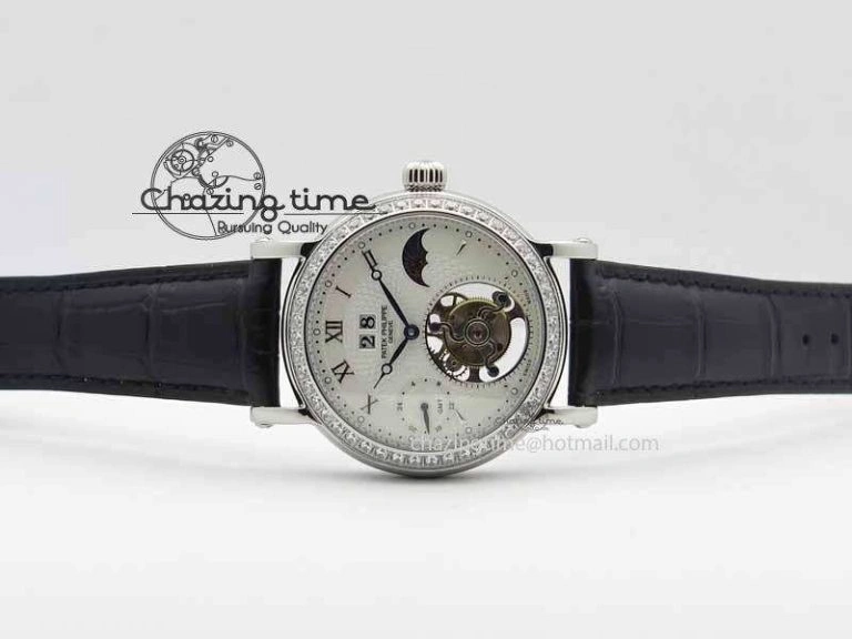 Chic Tourbillon Big Date SS White Textured Dial Diam Bezel On Black Leather Strap 9054