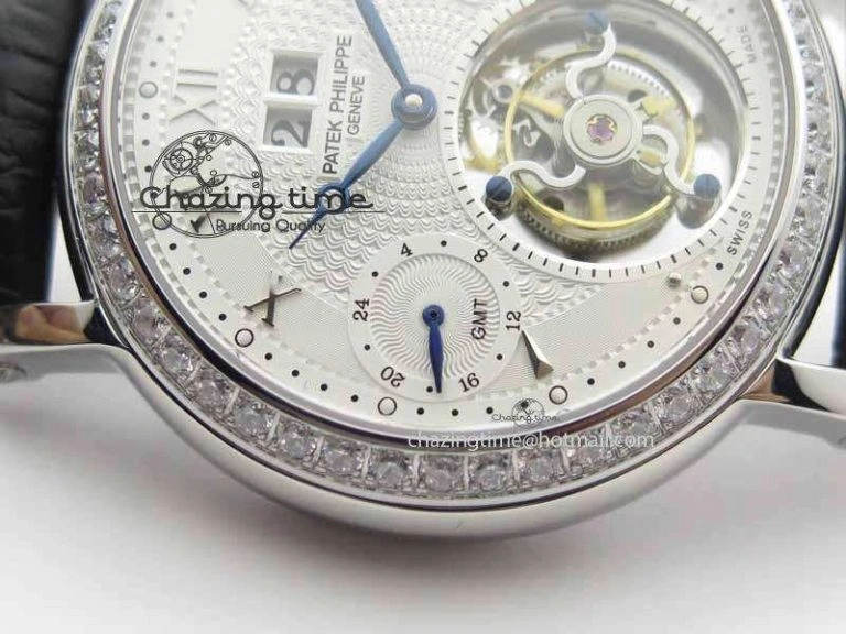 Chic Tourbillon Big Date SS White Textured Dial Diam Bezel On Black Leather Strap 9054